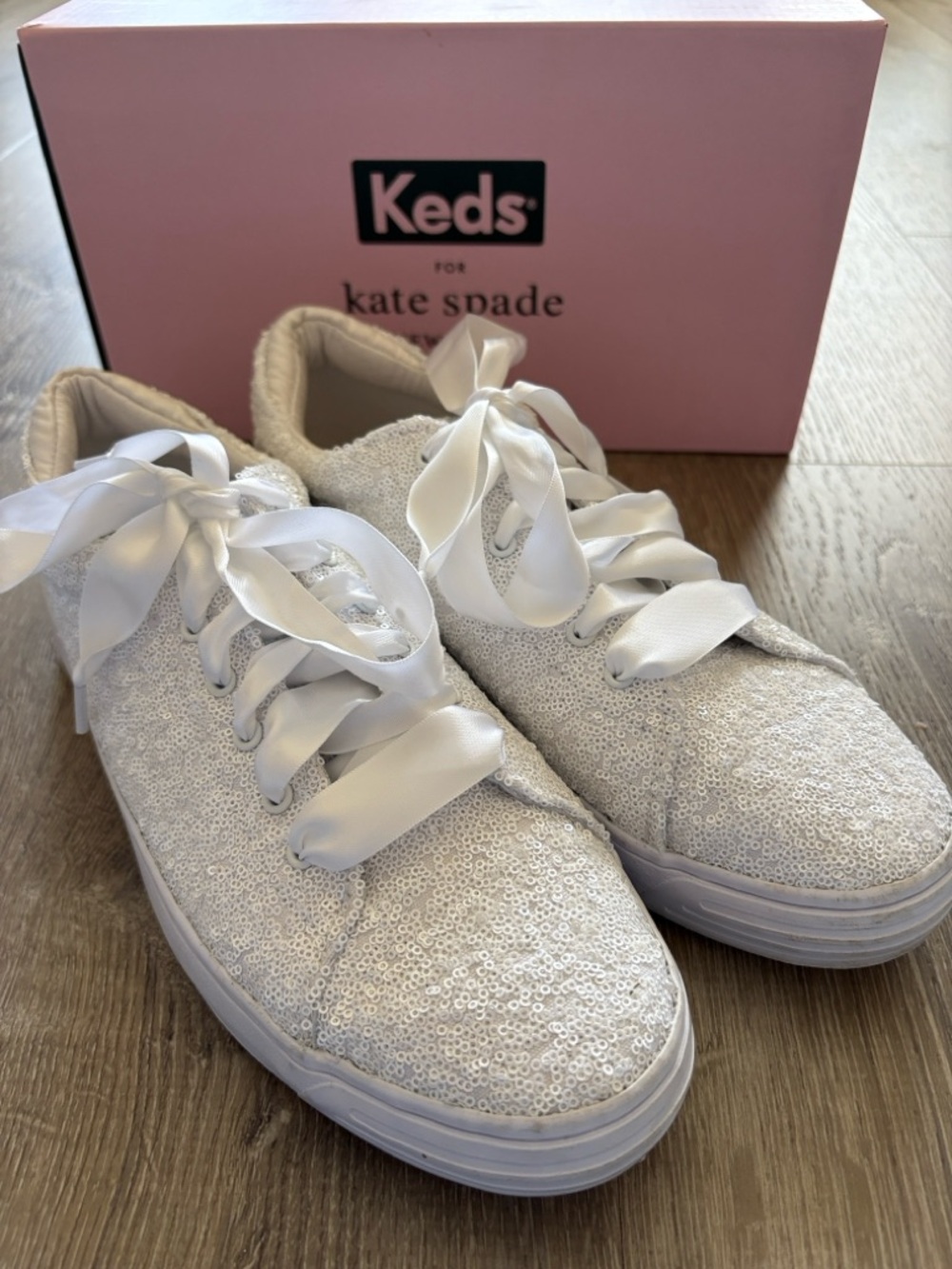 Keds White Sequin Ribbon Lace Sneakers